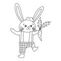 Vector black and white Easter bunny icon. Outline rabbit boy with spade and carrot isolated on white background. Cute animal Royalty Free Stock Photo