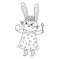 Vector black and white Easter bunny icon. Outline rabbit girl in dress with brush and egg. Cute animal illustration for kids.