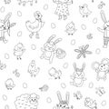 Vector black and white Easter characters seamless pattern. Spring birds and insects repeating background. Cute outline animal Royalty Free Stock Photo