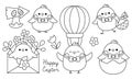 Vector black and white Easter chicks set for kids. Cute kawaii line chickens collection. Funny cartoon characters. Traditional