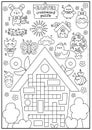 Vector black and white Easter country house shaped crossword puzzle for kids. Spring holiday line quiz. Coloring page with kawaii