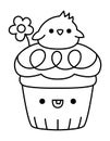 Vector black and white Easter cupcake for kids. Cute kawaii cup cake with icing, flower and chick on top. Funny cartoon character Royalty Free Stock Photo