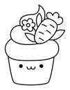 Vector black and white Easter cupcake for kids. Cute line kawaii cup cake with cream, flower and carrot. Funny cartoon character. Royalty Free Stock Photo