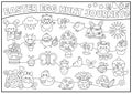 Vector black and white Easter egg hunt journey game with holiday symbols. Line kawaii spring planner, maze, advent countdown