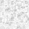 Vector black and white Easter egg hunt seamless pattern. Repeat line background with kids, trees, bushes, insects, basket, nature Royalty Free Stock Photo