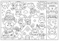 Vector black and white Easter searching game with country house and kawaii characters. Spot hidden objects. Simple spring holiday