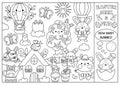 Vector black and white Easter searching game with country house and kawaii characters. Spot hidden rabbits. Simple spring holiday