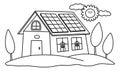 Vector black and white eco house icon. Environment friendly home line concept with trees, and solar panels. Ecological country Royalty Free Stock Photo