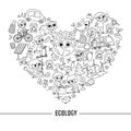 Vector black and white ecological heart shaped frame with cute children caring of nature. Earth day card template for banners,