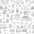 Vector black and white ecological seamless pattern for kids. Earth day repeat background with cute children, planet, waste