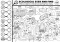 Vector black and white ecological searching game with eco city landscape. Spot hidden objects in the picture and say how many.