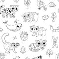Vector black and white endangered species seamless pattern. Cute extinct animals repeat background. Funny digital paper or