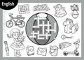 Vector black and white in English. Cartoon set of toys and objects for girl Royalty Free Stock Photo