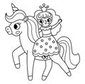 Vector black and white fairy icon. Fantasy outline sorceress with crown riding a unicorn. Fairytale line character in dress with