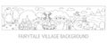 Vector black and white fairytale kingdom illustration. Fantasy line village border landscape. Cute long horizontal magic fairy Royalty Free Stock Photo