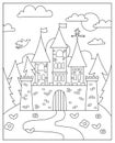 Vector black and white fairytale landscape with castle on a hill. Fairy tale background. Magic kingdom coloring page. Scenery Royalty Free Stock Photo