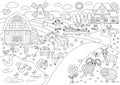 Vector black and white farm landscape illustration. Outline rural village scene with animals, barn. Cute nature background with