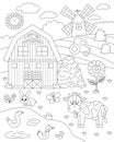 Vector black and white farm landscape illustration. Rural outline village scene with animals, barn, tractor. Nature background Royalty Free Stock Photo