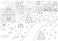 Vector black and white farm landscape illustration. Rural outline village scene with barn, country house, tractor. Nature Royalty Free Stock Photo