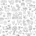 Vector black and white farm seamless pattern. Rural countryside outline repeat background with funny farmers, barn, animals, birds