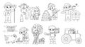 Vector black and white farmers set. Cute kids doing agricultural work. Rural outline country scenes. Children gathering hay,