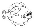 Vector black and white flounder icon. Under the sea line illustration with cute funny flat fish. Ocean animal clipart. Cartoon
