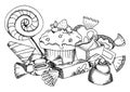 Vector black and white food coloring book page for children and adult sweets collection: lollipop, cupcake, chocolate candy Royalty Free Stock Photo