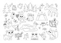 Vector black and white forest animals, insects and birds set. Funny woodland campfire outline icons collection. Cute forest line Royalty Free Stock Photo