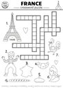 Vector black and white France crossword puzzle for kids. Simple French line quiz for children with traditional symbols.