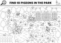 Vector black and white French searching game with city landscape, park, people. Spot hidden pigeons. Simple France seek and find Royalty Free Stock Photo