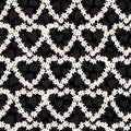 Vector black and white fun daisy flowers hearts repeat pattern with dark grey hearts background. Suitable for textile