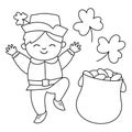 Vector black and white funny boy in traditional clothes and hat with shamrock and pot with gold. Cute outline Saint Patrick Day