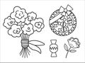 Vector black and white gift set. Outline candy box, flower arrangement collection. Sweet present line illustration. Holiday pack