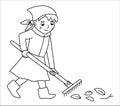 Vector black and white girl raking leaves with rakes illustration. Cute outline kid doing garden work. Spring line gardening