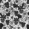 Vector Black and White Grapevines Fruit Repeat Seamless Pattern Background. Can Be Used For Winde Tasting stationery Royalty Free Stock Photo