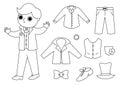 Vector black and white groom clothes set. Cute just married boy with suit, accessory. Wedding ceremony line icon pack. Cute Royalty Free Stock Photo