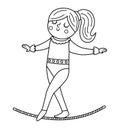Vector black and white gymnast girl with rope. Cute funny acrobat. Circus or sport artist clipart. Amusement holiday line icon. Royalty Free Stock Photo
