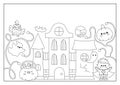 Vector black and white Halloween background with cute haunted house, bat, witch, vampire. Funny autumn holiday line card, activity Royalty Free Stock Photo