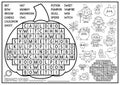 Vector black and white Halloween pumpkin shaped word search puzzle for kids. Autumn holiday quiz for children. Educational