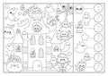 Vector black and white Halloween searching game with haunted house and kawaii characters. Spot hidden objects, say how many.