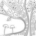 Vector black and white hand drawn illustration of psychedelic abstract tree, flowers, leaves, dots, mushrooms, background Decorati