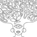 Vector black and white hand drawn illustration of psychedelic woman face with abstract tree, flowers, leaves, dots, butterfly, bac Royalty Free Stock Photo