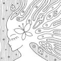 Vector black and white hand drawn illustration of psychedelic woman face with abstract tree, flowers, leaves, dots, butterfly, bac Royalty Free Stock Photo