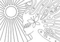 Vector black and white hand drawn illustration of psychedelic woman face with sun, abstract tree, flowers, leaves, dots, butterfly