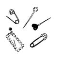 Vector black and white hand drawn illustration in vintage engraved style of different sewing pins. Plastic head and