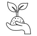 Vector black and white hand holding growing baby plant. Ecological planting a seed or tree concept. Deforestation and forest
