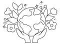 Vector black and white hands holding earth with flowers. Earth day line illustration with cute planet. Environment friendly icon Royalty Free Stock Photo