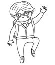 Vector black and white happy boy jumping with joy with hands up. Outline back to school character illustration. Funny pupil in