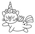 Vector black and white happy cat unicorn. Fantasy line animal with rainbow horn, tail, flowers on head, wings, stars. Fairytale Royalty Free Stock Photo