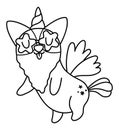 Vector black and white happy corgi dog unicorn. Fantasy line animal with rainbow horn, tail, flowers on head, wings, stars. Royalty Free Stock Photo